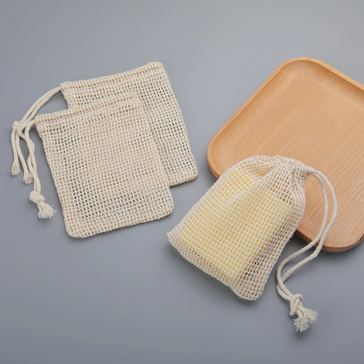 Set of 3 Natural Cotton Soap Saver Bags with Drawstring