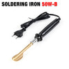 A black soldering iron with a brass tip and attached cord is shown against a white background.