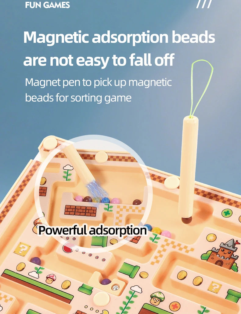 Magnetic adsorption beads are used in a sorting game on a puzzle board.