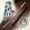 A detailed illustration of a Yamato Sword replica, the Vergil Katana from Devil May Cry 5, displayed on a wooden surface.