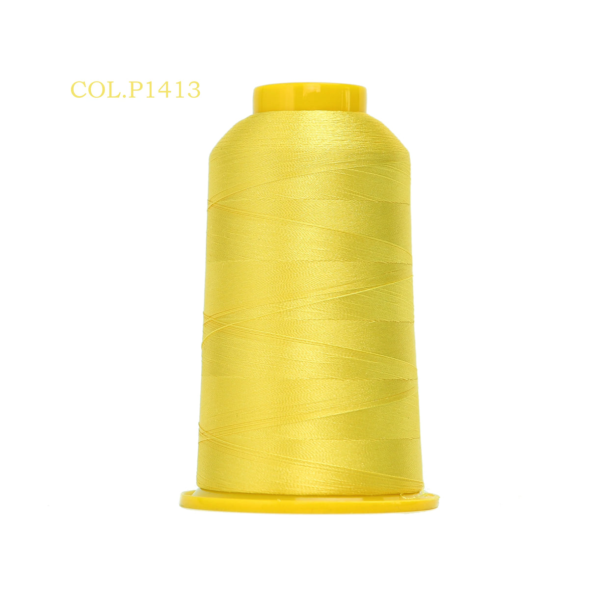 A spool of yellow polyester embroidery thread labeled COL.P1413