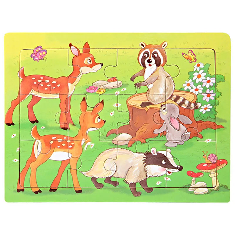A wooden jigsaw puzzle featuring various woodland animals including a fox, raccoon, and a rabbit on a green background.