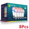 A box showing eight smart bulbs with RGB color changing and dimmable light, labeled as an 8 pack.