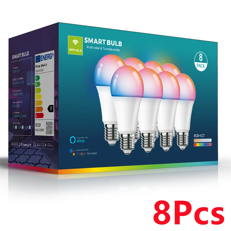 A box showing eight smart bulbs with RGB color changing and dimmable light, labeled as an 8 pack.