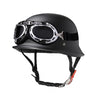 Black lightweight half helmet with integrated goggles for motorcycle and scooter riders