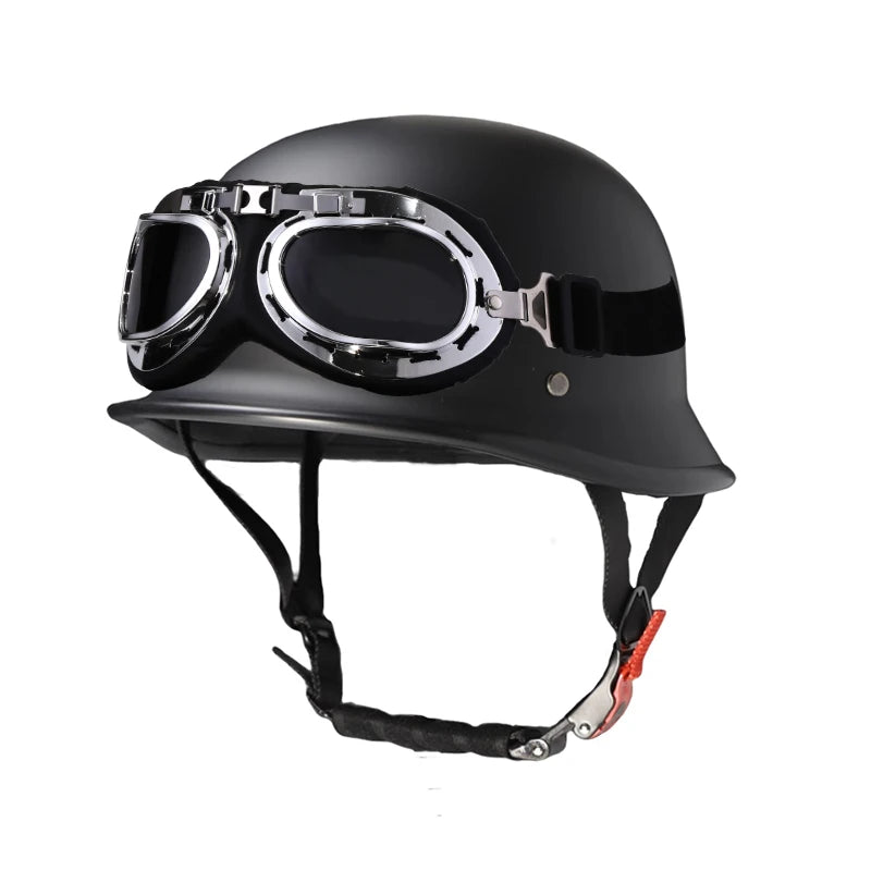Black lightweight half helmet with integrated goggles for motorcycle and scooter riders