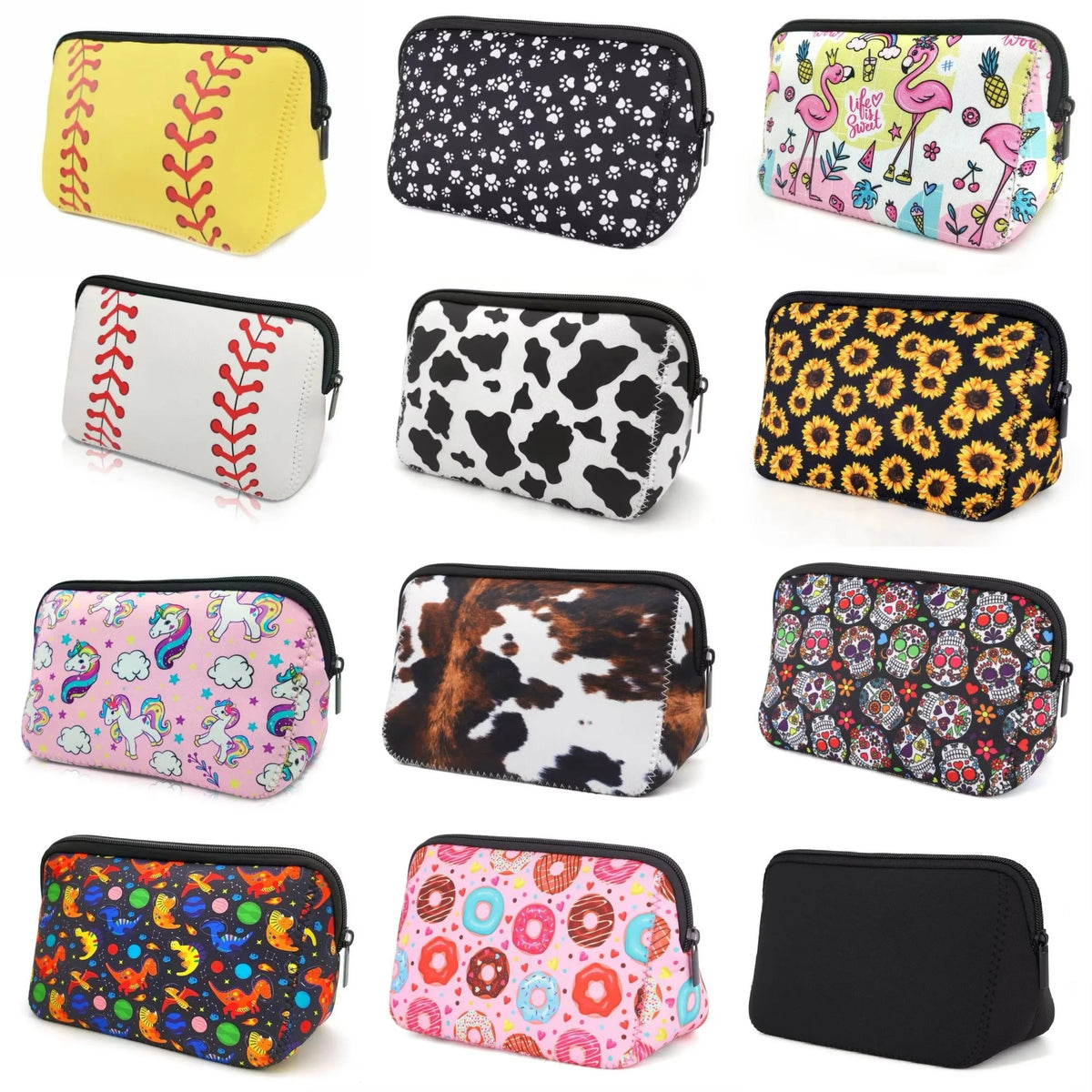A collection of colorful and patterned cosmetic bags made of neoprene for travel makeup organization.