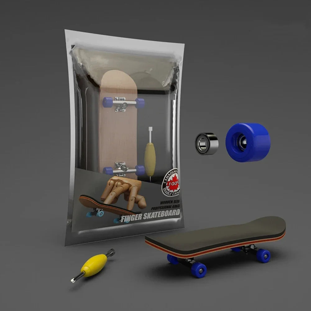 A wooden finger skateboard is shown in a clear plastic bag with accessories like wheels and a complete board.