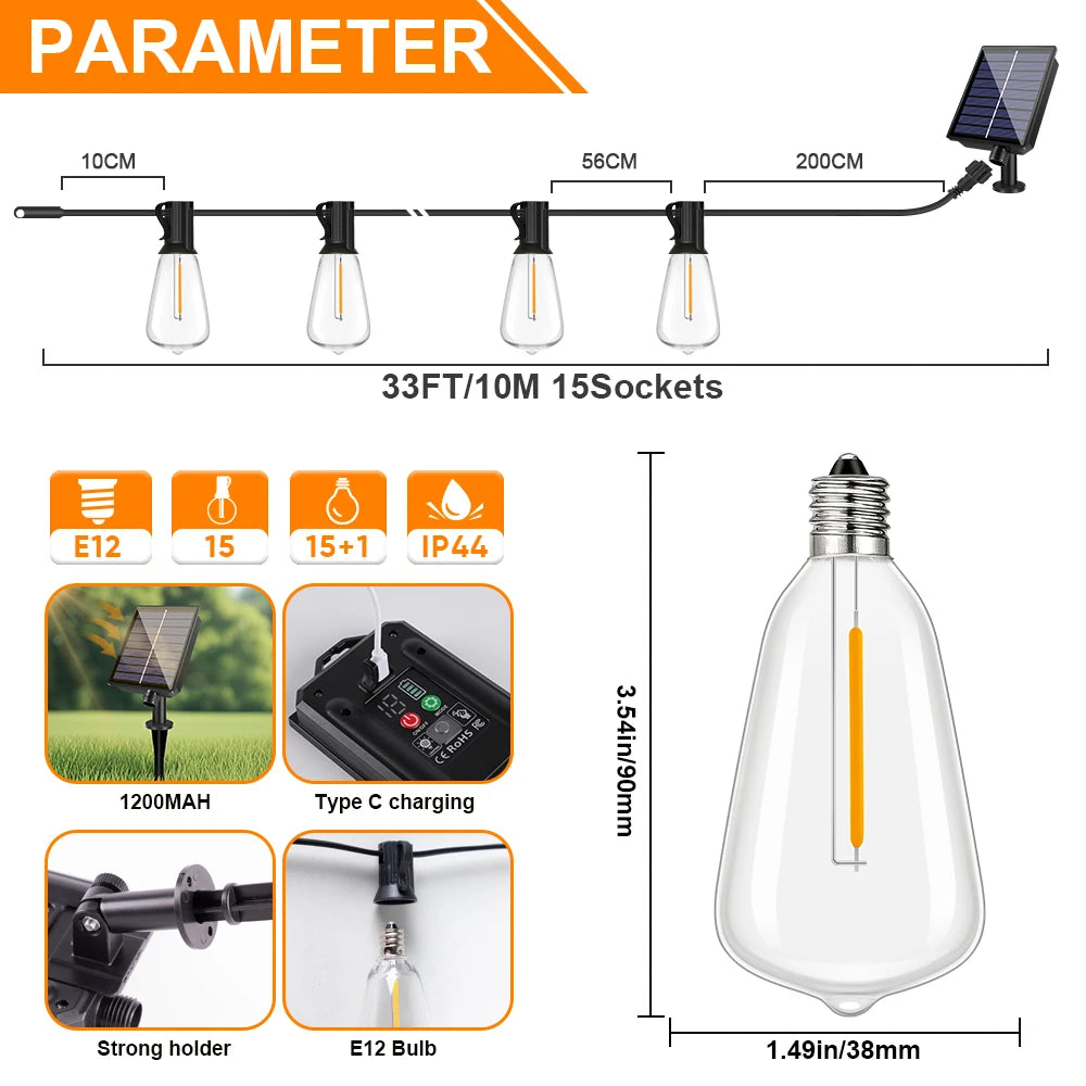 A set of 15 E12 bulbs on a solar string light with a remote control and various power options.
