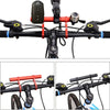 A close-up view of an aluminum alloy bicycle handlebar extender mount with various components and fittings.