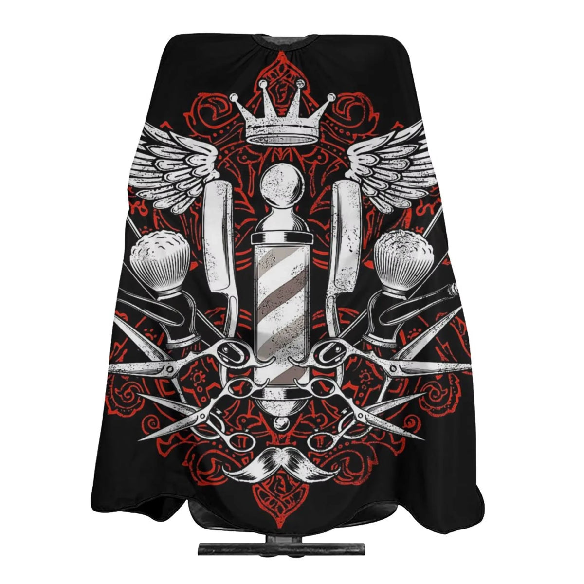 Black waterproof hair cutting cape featuring a detailed red and white ornamental design.