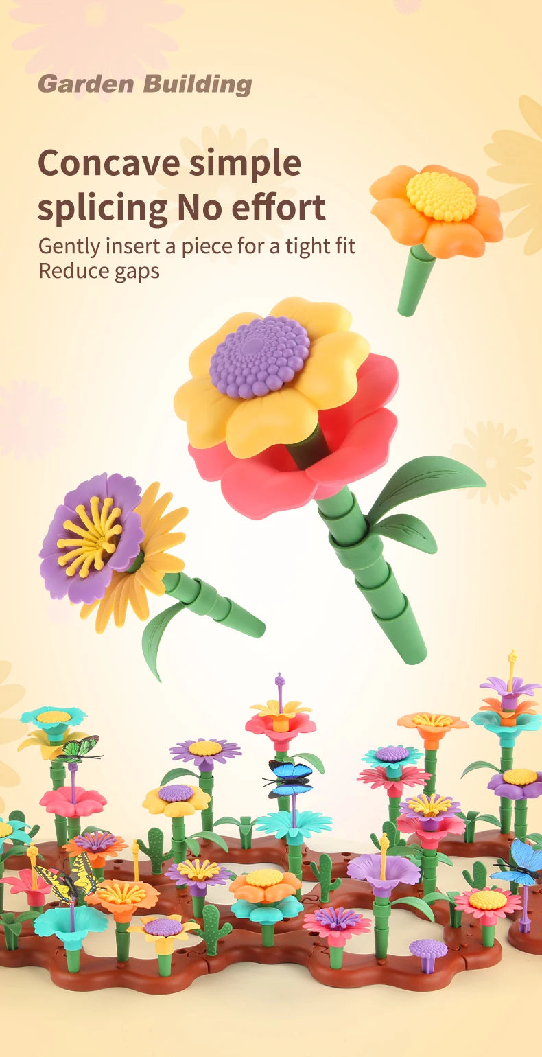 A colorful flower garden building toy featuring various sculpted flowers and plants for kids.