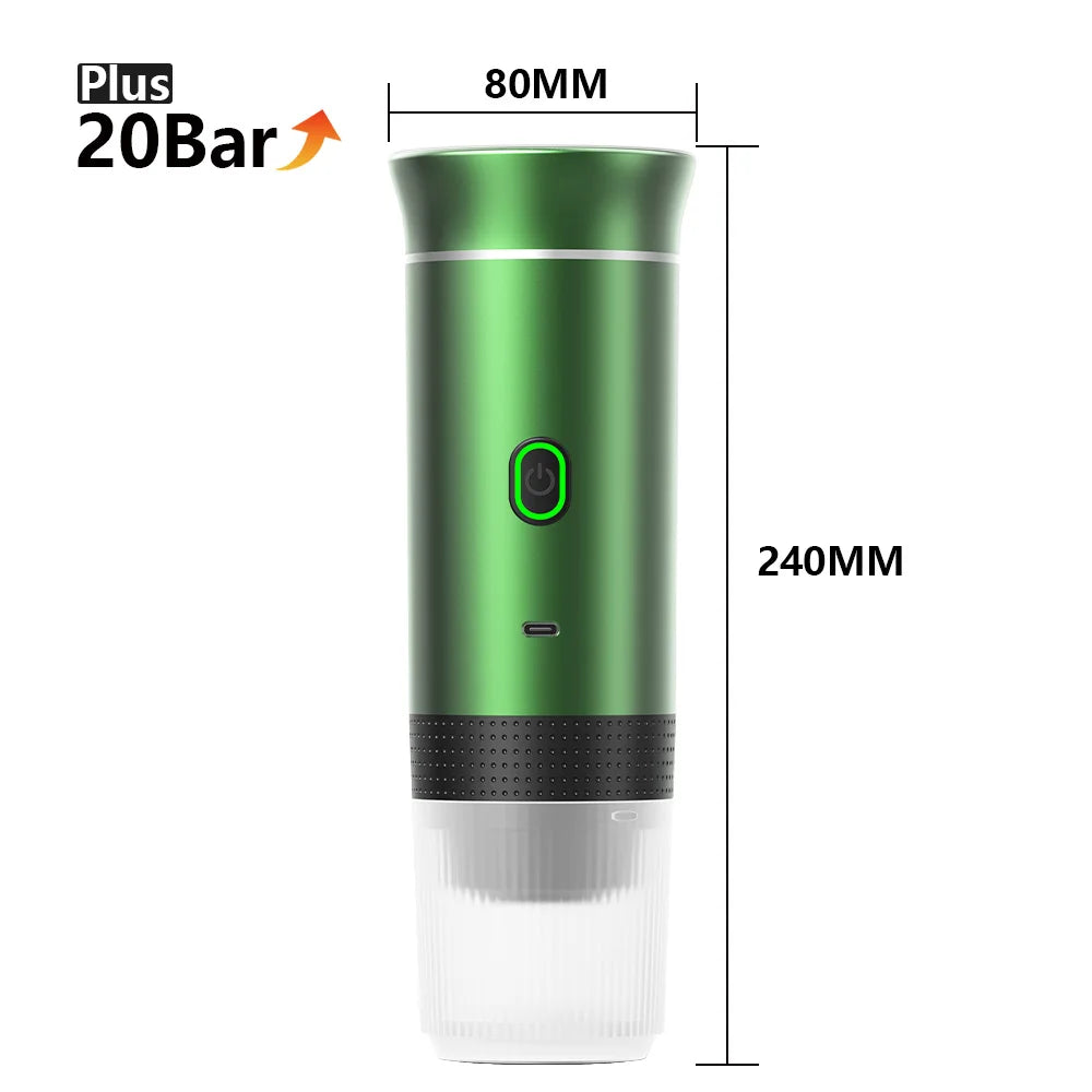 A tall, green portable electric espresso coffee maker with a clear glass bottom and a black base.
