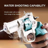 A hand holds a white mini mechanical revolver water gun, demonstrating its water shooting capability.