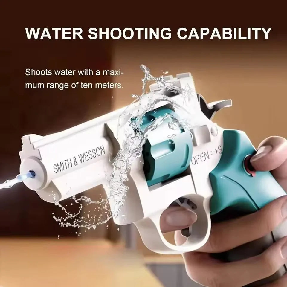 A hand holds a white mini mechanical revolver water gun, demonstrating its water shooting capability.