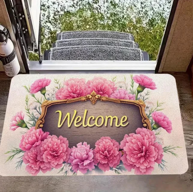 Elegentliche persische Fußmatte mit rosa und grünen Blumenmotiven.
