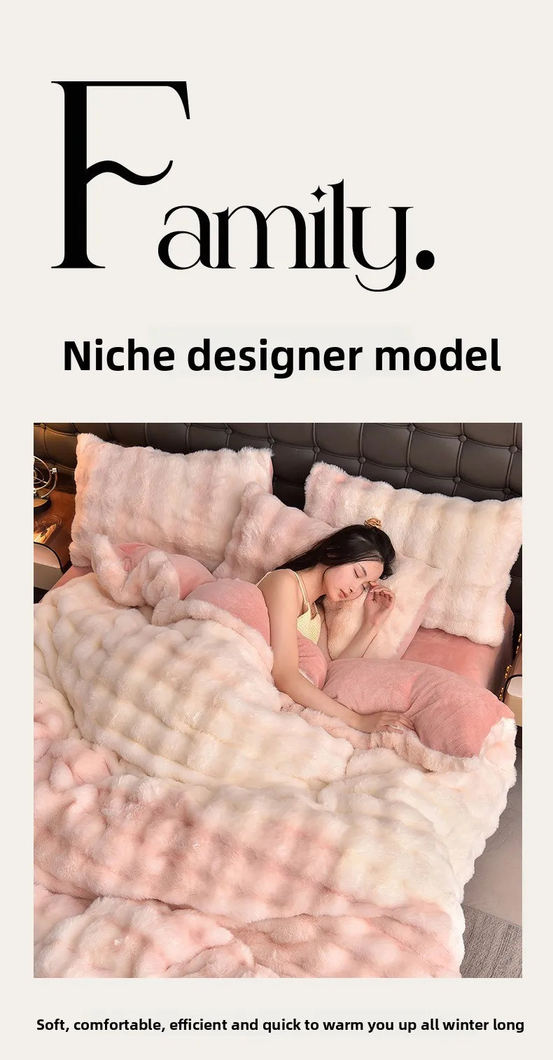 A pink faux fur bedding set is shown on a bed, featuring soft textures and warm tones.