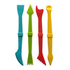 A set of five animal-shaped playdough tools in shades of cyan, green, red, and yellow.
