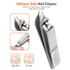 An oblique side nail clipper in silver stainless steel showing before and after nail trimming results.