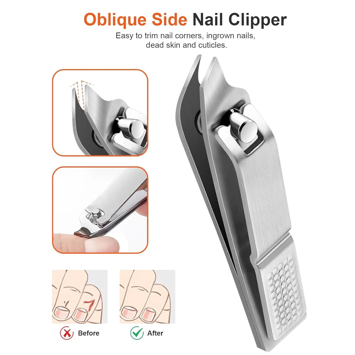 An oblique side nail clipper in silver stainless steel showing before and after nail trimming results.
