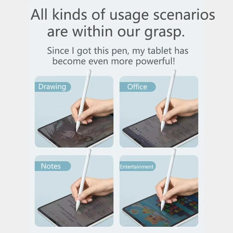 A set of usage scenarios showing a stylus pen being used for drawing, office work, notes, and entertainment on a tablet.