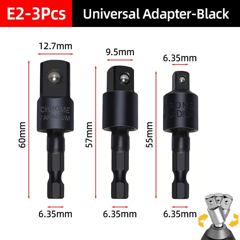 Hex Shank Socket Adapter Set for Power Drills (1/4, 3/8, 1/2 Inch)