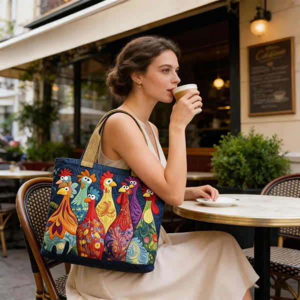 Una mujer sostiene un bolso de tela acolchada vintage mientras está sentada en una mesa de café al aire libre.