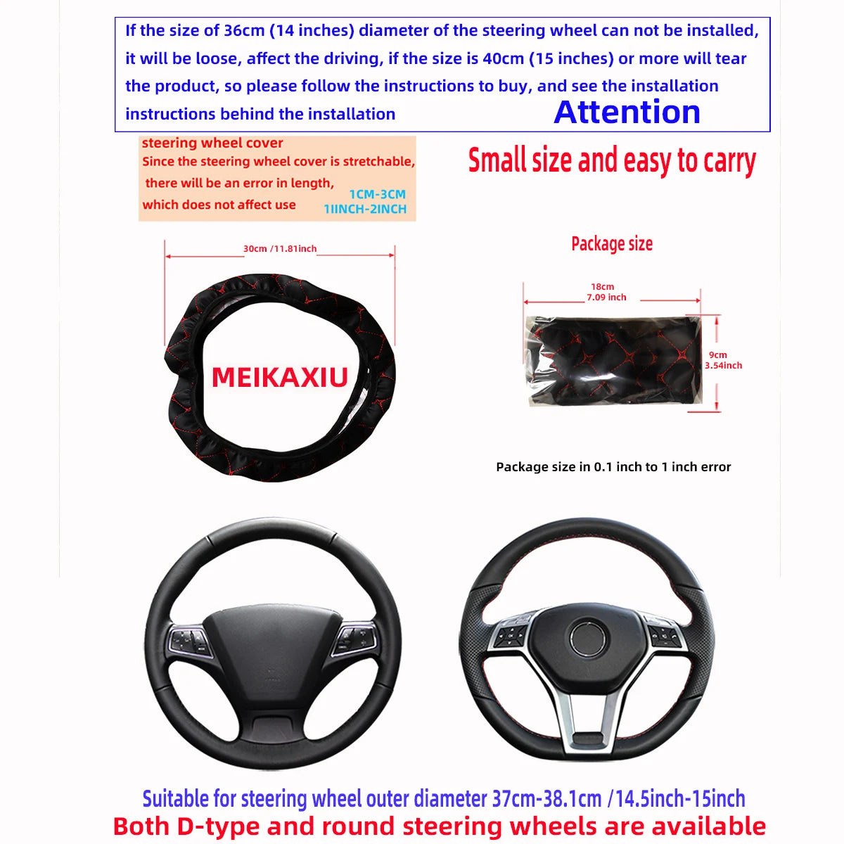 Black embroidered leather steering wheel cover for D-type and round steering wheels