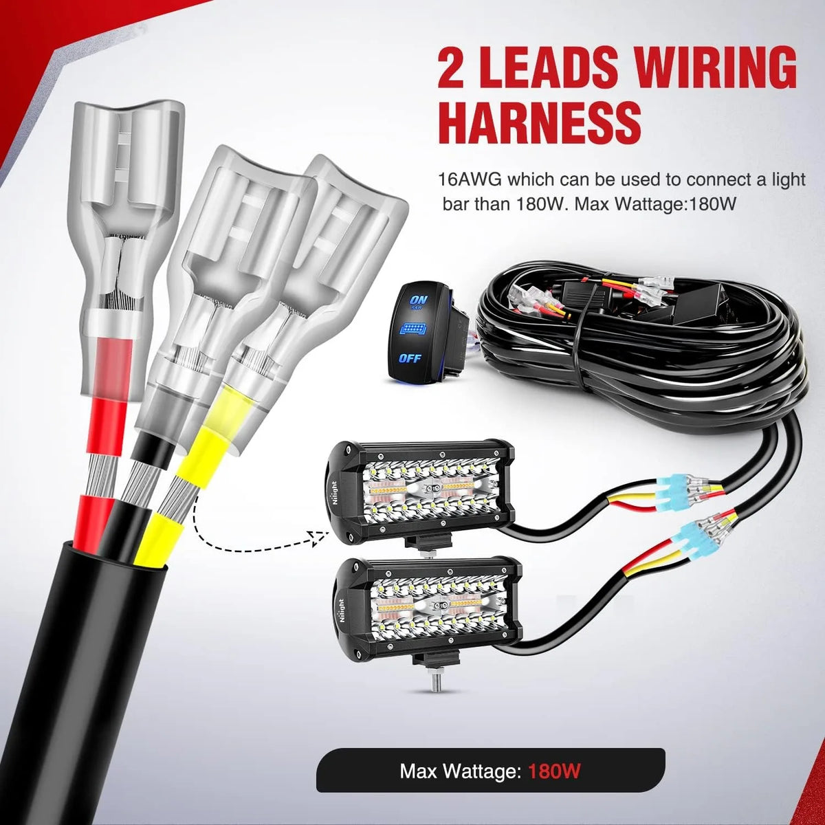A wiring harness kit for connecting a light bar, featuring 2 leads and an LED strobe light.