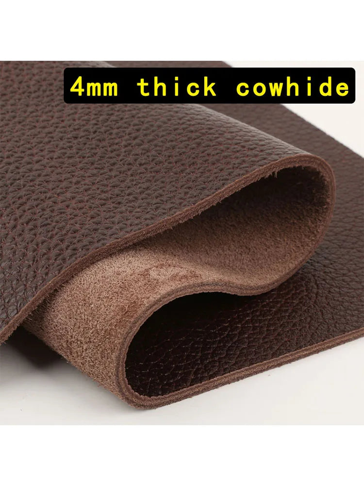 A roll of 4mm thick dark brown cowhide leather fabric shown in a close-up view.