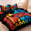 A black duvet cover featuring a vibrant gamer theme with controller and keyboard graphics.