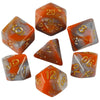 A set of seven polyhedral dice in various shades of orange and amber glass.