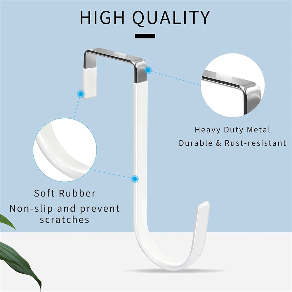 A close-up view of a white heavy duty metal over-the-door hook with a soft rubber coating, highlighting its durability and no