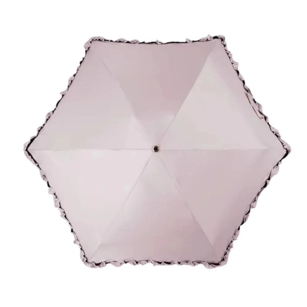 A light pink portable five-fold lace umbrella with a geometric pattern.