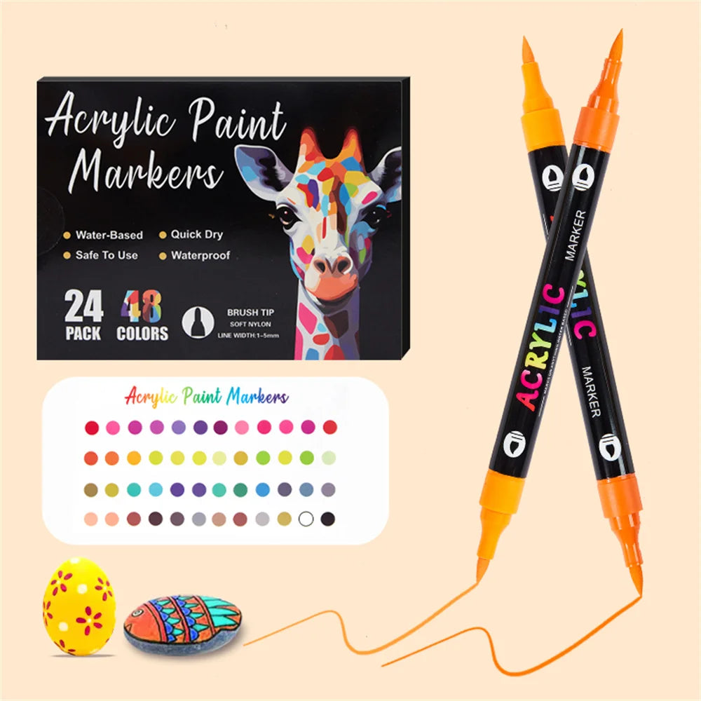 A set of black acrylic paint markers with orange tips and a palette of colored paint markers for crafts
