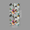 A vertical design featuring stylized black and white birds and colorful floral elements on a translucent film.