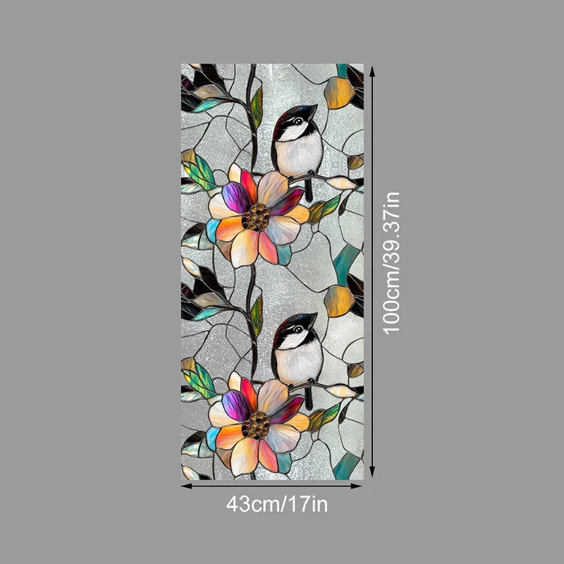 A vertical design featuring stylized black and white birds and colorful floral elements on a translucent film.