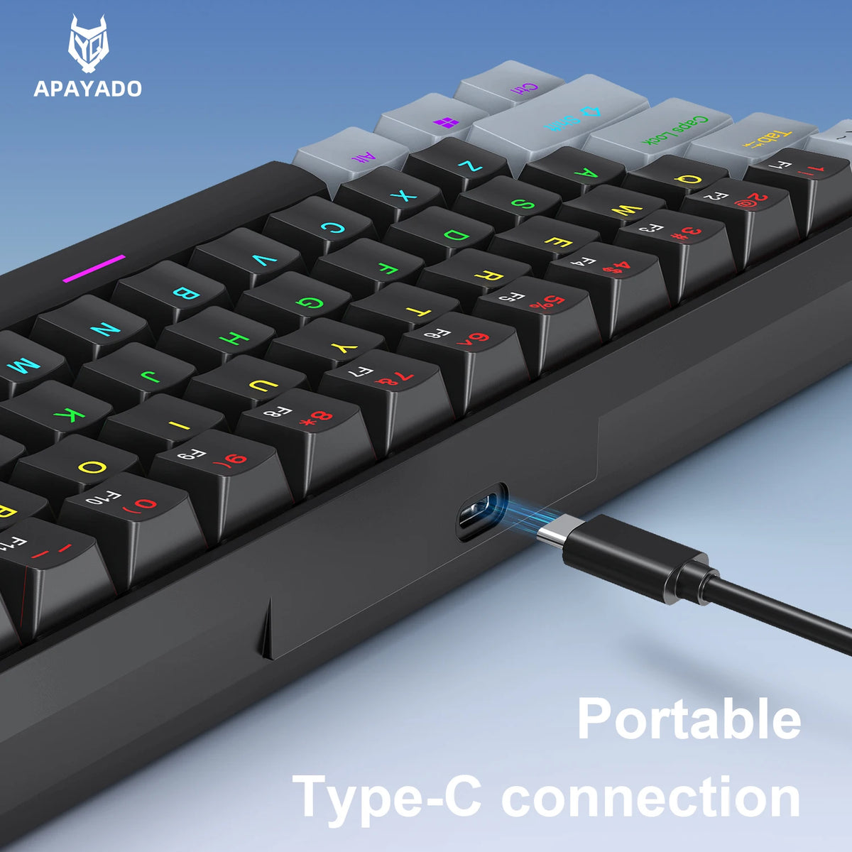 A close-up view of a compact 60% wired mechanical gaming keyboard with RGB backlighting and a Type-C connection port.