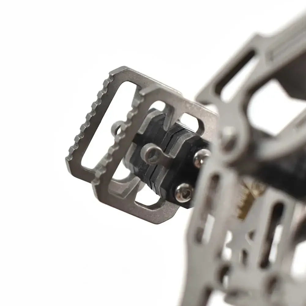 Close-up view of a component from a compact metal compound bow set