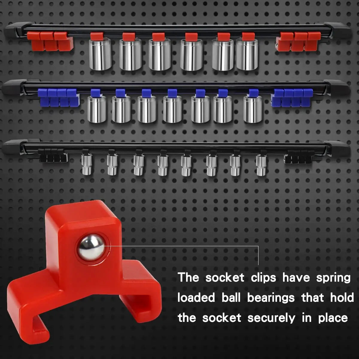A set of socket clips and organizer rails in red, blue, and black for securing sockets.