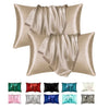 A set of silky smooth satin pillowcases in various colors including beige, green, red, black, blue, and white.
