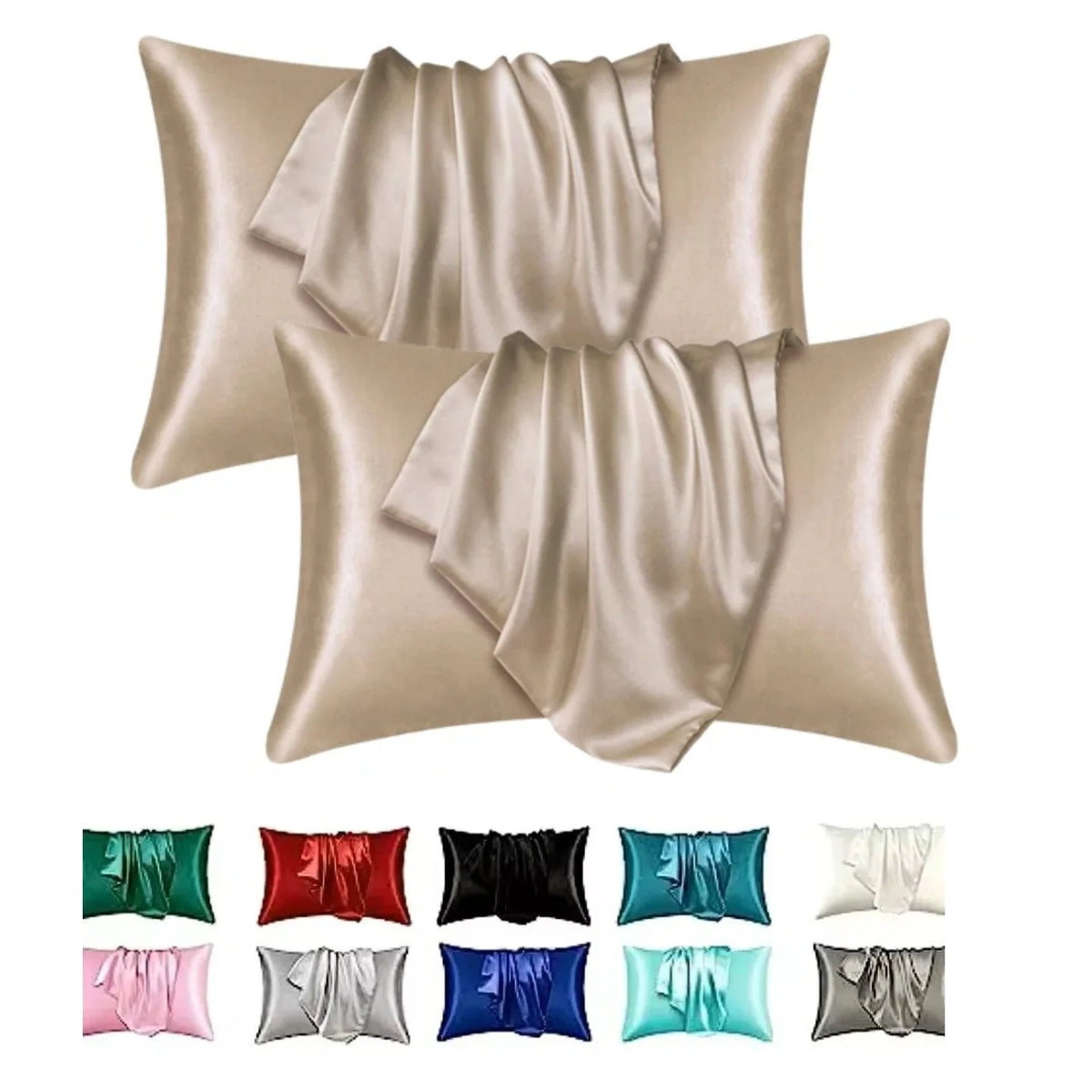 A set of silky smooth satin pillowcases in various colors including beige, green, red, black, blue, and white.