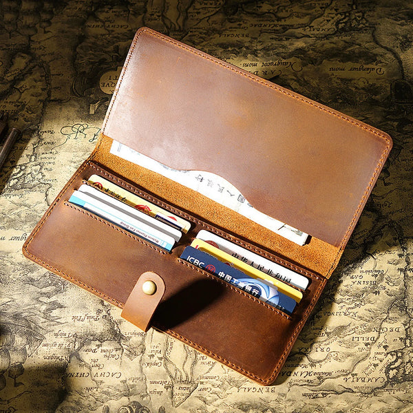 Vintage Leather Long Bifold Wallet with Snap Closure