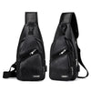 Black men's crossbody sling bag made of water-resistant nylon with a visible USB port.