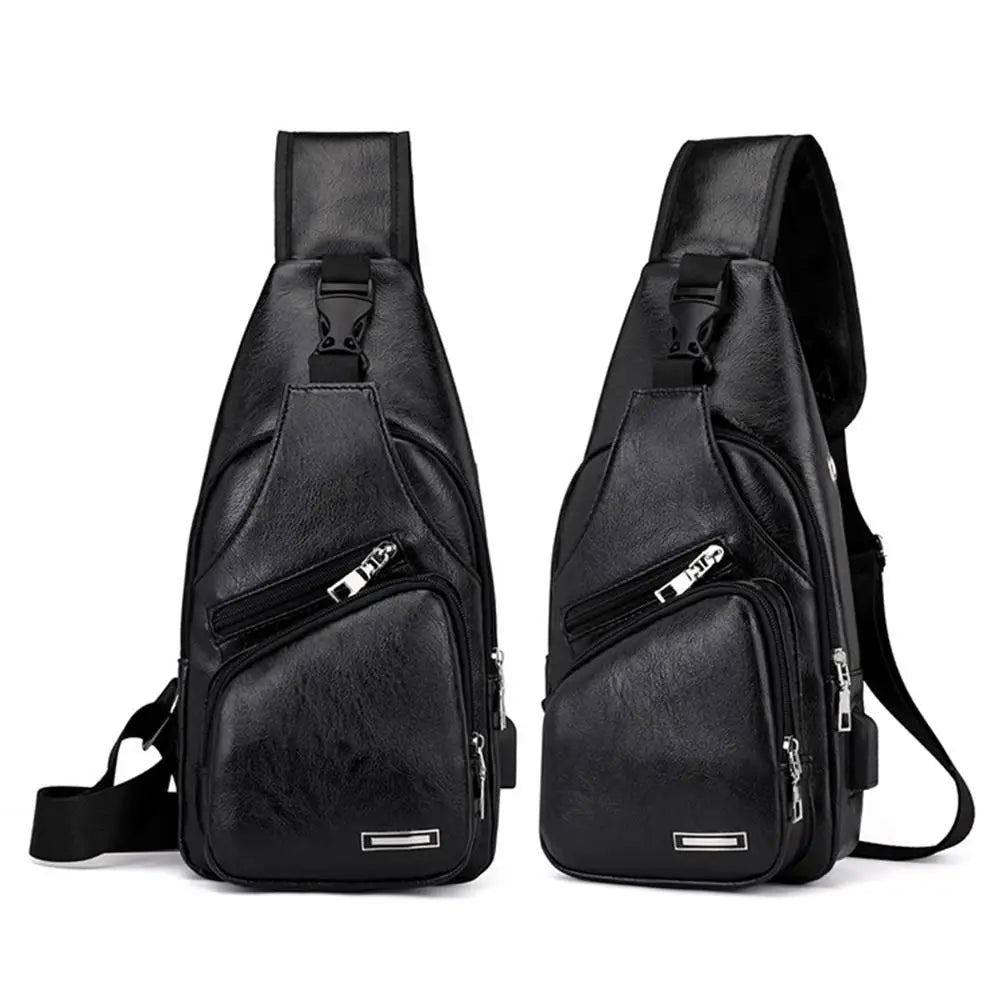 Black men's crossbody sling bag made of water-resistant nylon with a visible USB port.