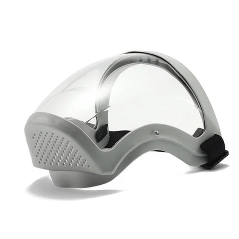 A clear, full face anti-fog splash shield with a gray frame and adjustable strap.