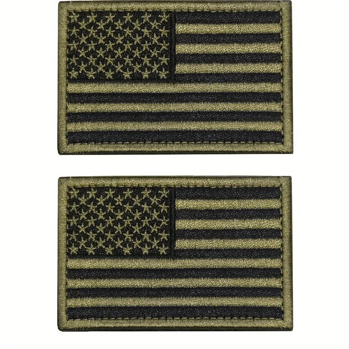 A set of two embroidered American flag patches featuring black and gold stripes and stars.