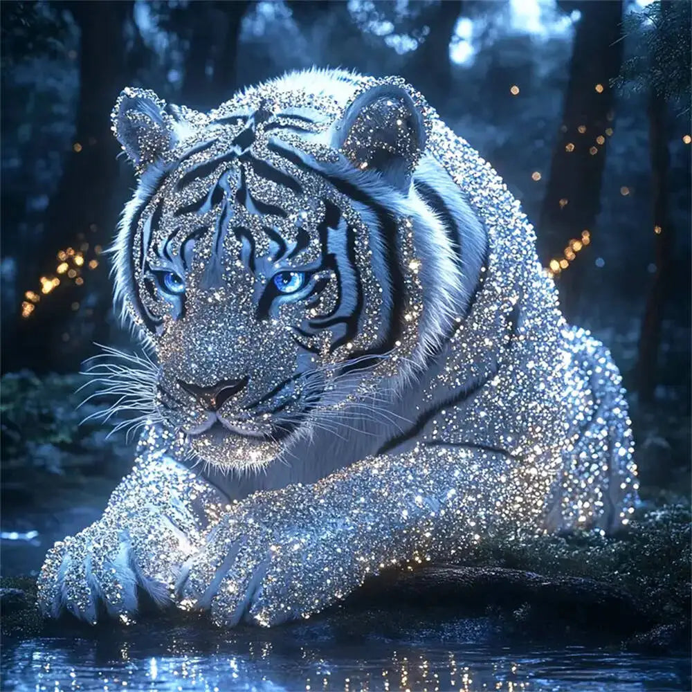 A majestic tiger is depicted in a 5D diamond painting kit, sparkling with brilliant blue and white diamonds.