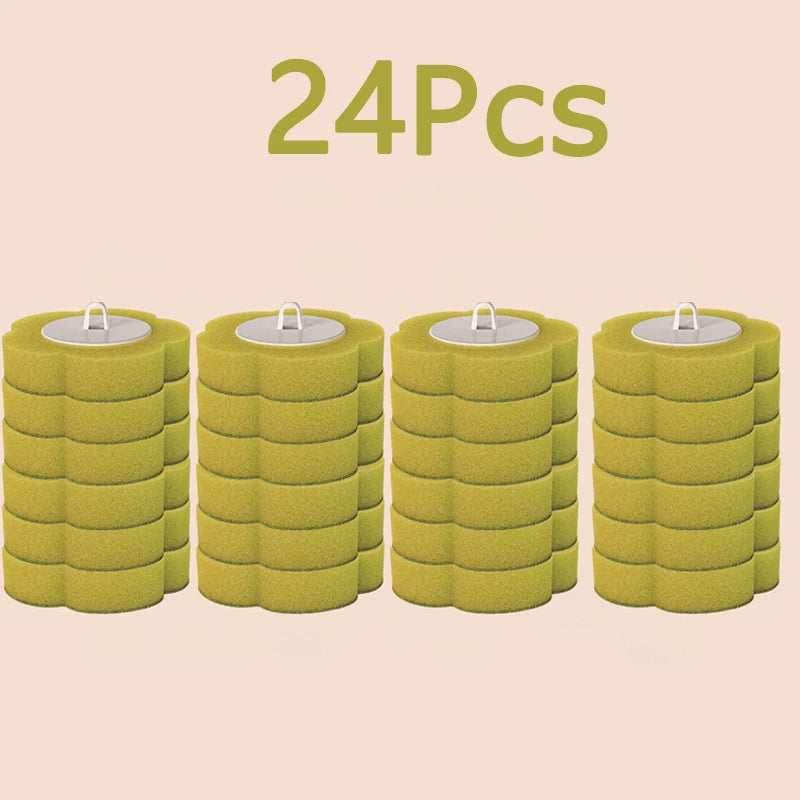 A set of 24 disposable toilet brushes and holders in a lime green color.