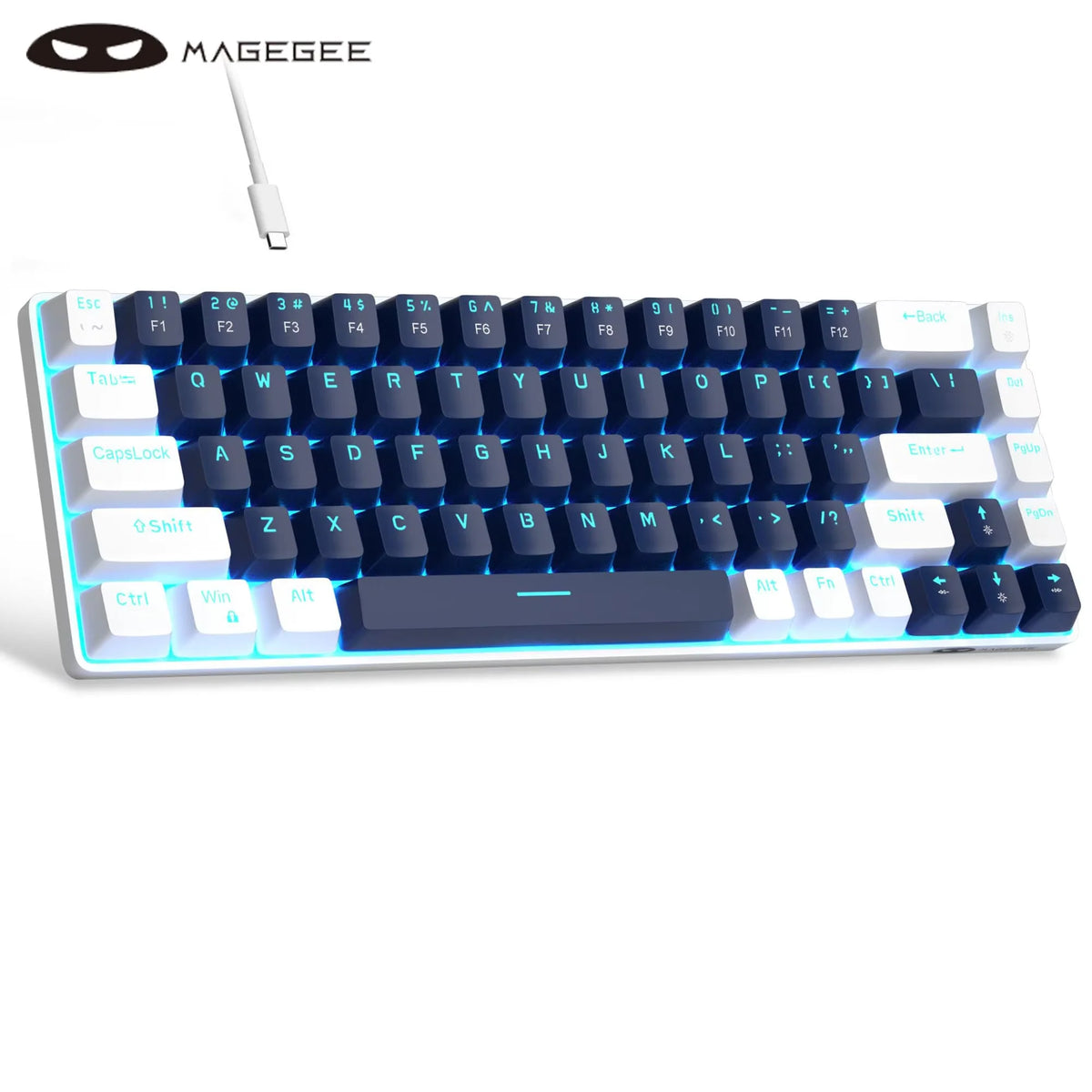 A close-up view of a compact mechanical gaming keyboard with blue backlighting and white keys.